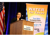 TWDB Board Member Kathleen Jackson welcomed attendees to the closing general session and introduced the "Back to the Future: A History of Texas Water Policy" panel
