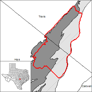 This map shows the extent and location of the Barton Springs segment of the Edwards (Balcones Fault Zone) Aquifer Alternative Model.